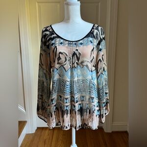 🌹$5 BLU PEPPER Black & Blue Long Sleeve Keyhole Back Sheer Top or Blouse Sz S